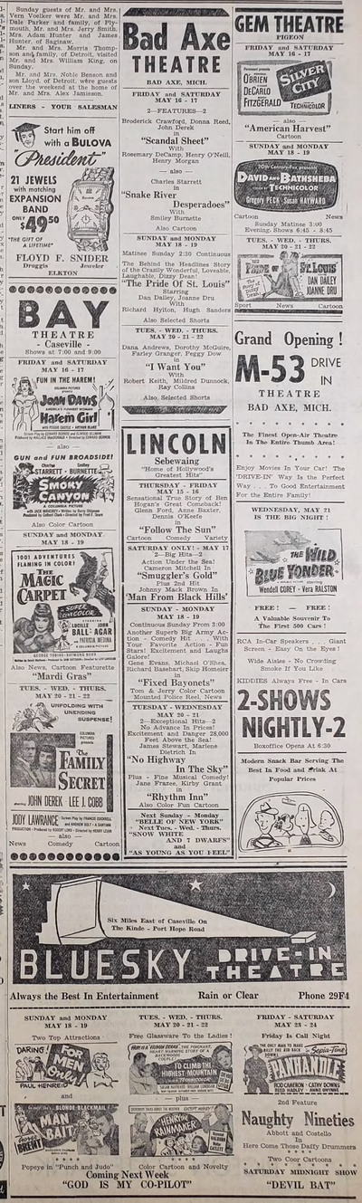 Pigeon Progress Fri May 16 1952 theater ads Gem Theatre, Pigeon
